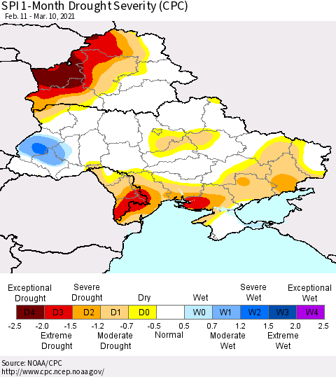 Ukraine, Moldova and Belarus SPI 1-Month Drought Severity (CPC) Thematic Map For 2/11/2021 - 3/10/2021