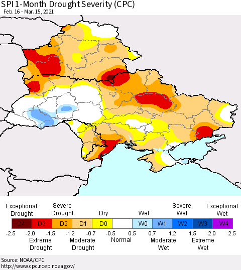 Ukraine, Moldova and Belarus SPI 1-Month Drought Severity (CPC) Thematic Map For 2/16/2021 - 3/15/2021
