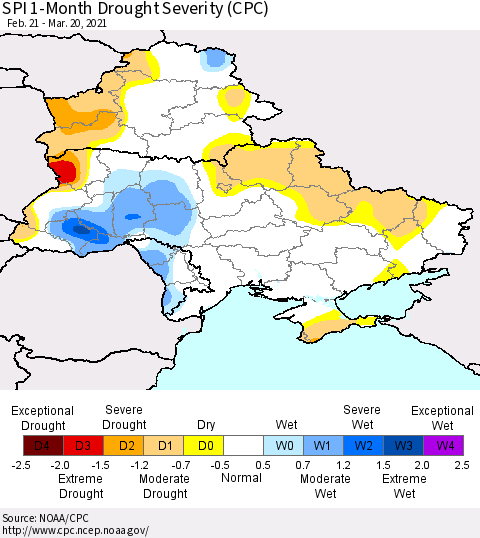 Ukraine, Moldova and Belarus SPI 1-Month Drought Severity (CPC) Thematic Map For 2/21/2021 - 3/20/2021