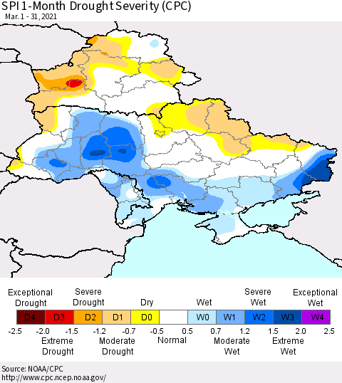 Ukraine, Moldova and Belarus SPI 1-Month Drought Severity (CPC) Thematic Map For 3/1/2021 - 3/31/2021