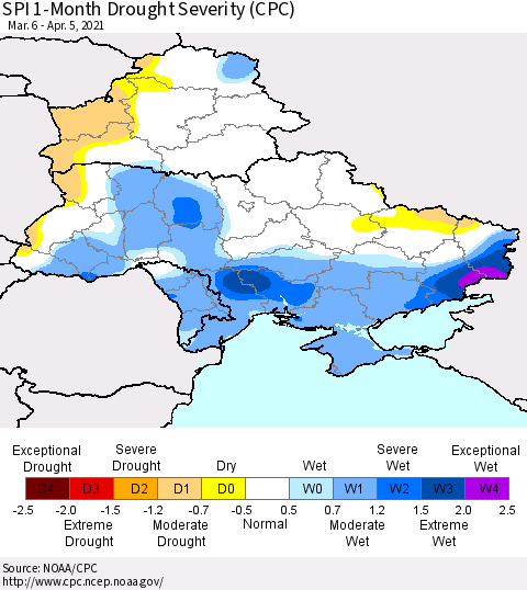 Ukraine, Moldova and Belarus SPI 1-Month Drought Severity (CPC) Thematic Map For 3/6/2021 - 4/5/2021