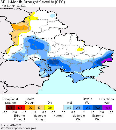 Ukraine, Moldova and Belarus SPI 1-Month Drought Severity (CPC) Thematic Map For 3/11/2021 - 4/10/2021