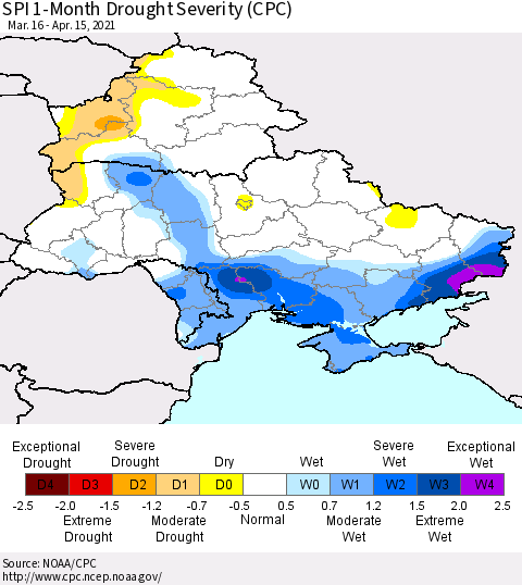 Ukraine, Moldova and Belarus SPI 1-Month Drought Severity (CPC) Thematic Map For 3/16/2021 - 4/15/2021