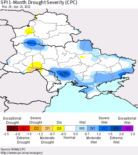 Ukraine, Moldova and Belarus SPI 1-Month Drought Severity (CPC) Thematic Map For 3/26/2021 - 4/25/2021