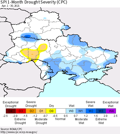 Ukraine, Moldova and Belarus SPI 1-Month Drought Severity (CPC) Thematic Map For 4/1/2021 - 4/30/2021