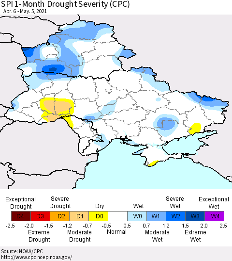 Ukraine, Moldova and Belarus SPI 1-Month Drought Severity (CPC) Thematic Map For 4/6/2021 - 5/5/2021