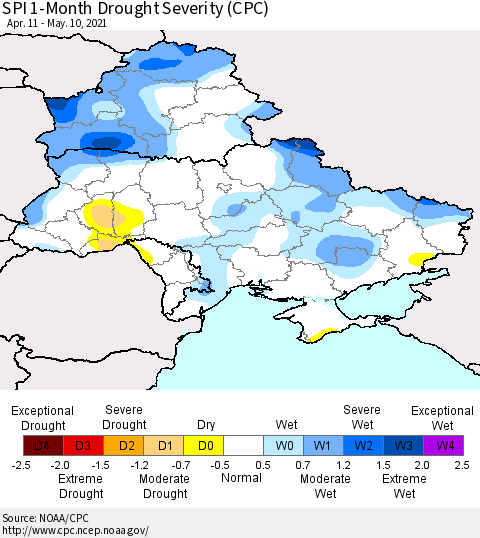 Ukraine, Moldova and Belarus SPI 1-Month Drought Severity (CPC) Thematic Map For 4/11/2021 - 5/10/2021