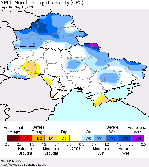 Ukraine, Moldova and Belarus SPI 1-Month Drought Severity (CPC) Thematic Map For 4/16/2021 - 5/15/2021