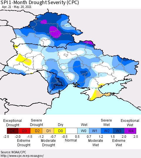 Ukraine, Moldova and Belarus SPI 1-Month Drought Severity (CPC) Thematic Map For 4/21/2021 - 5/20/2021