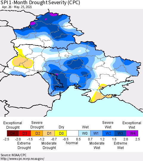 Ukraine, Moldova and Belarus SPI 1-Month Drought Severity (CPC) Thematic Map For 4/26/2021 - 5/25/2021