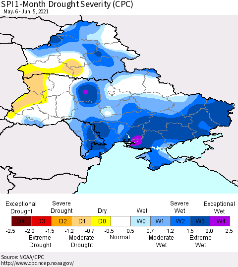 Ukraine, Moldova and Belarus SPI 1-Month Drought Severity (CPC) Thematic Map For 5/6/2021 - 6/5/2021