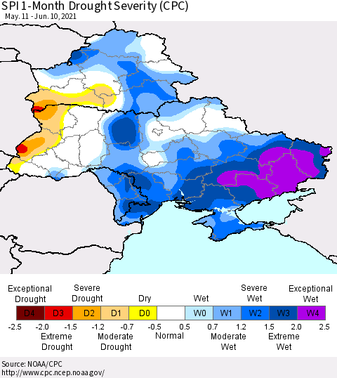 Ukraine, Moldova and Belarus SPI 1-Month Drought Severity (CPC) Thematic Map For 5/11/2021 - 6/10/2021