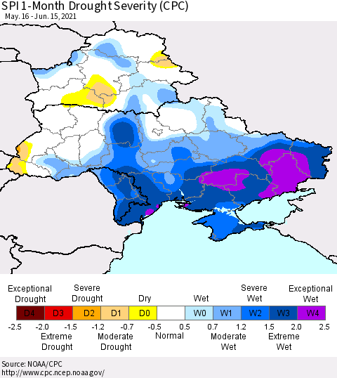 Ukraine, Moldova and Belarus SPI 1-Month Drought Severity (CPC) Thematic Map For 5/16/2021 - 6/15/2021