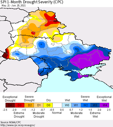 Ukraine, Moldova and Belarus SPI 1-Month Drought Severity (CPC) Thematic Map For 5/21/2021 - 6/20/2021