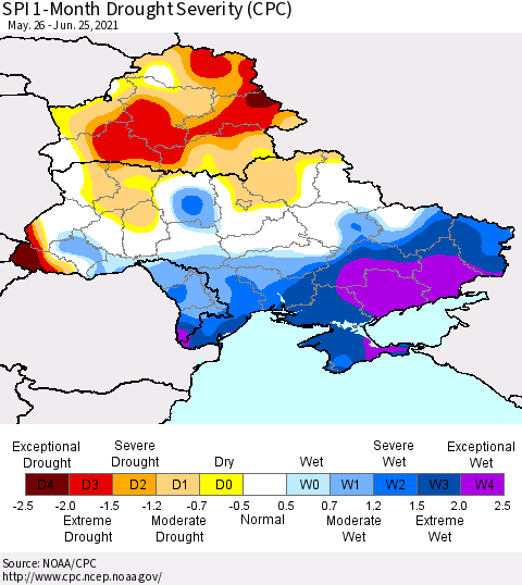 Ukraine, Moldova and Belarus SPI 1-Month Drought Severity (CPC) Thematic Map For 5/26/2021 - 6/25/2021