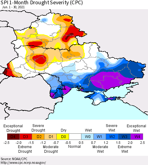 Ukraine, Moldova and Belarus SPI 1-Month Drought Severity (CPC) Thematic Map For 6/1/2021 - 6/30/2021