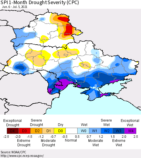 Ukraine, Moldova and Belarus SPI 1-Month Drought Severity (CPC) Thematic Map For 6/6/2021 - 7/5/2021