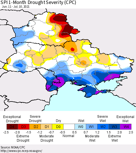Ukraine, Moldova and Belarus SPI 1-Month Drought Severity (CPC) Thematic Map For 6/11/2021 - 7/10/2021