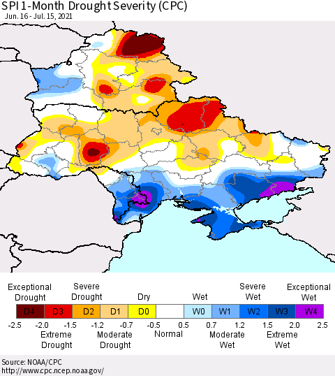 Ukraine, Moldova and Belarus SPI 1-Month Drought Severity (CPC) Thematic Map For 6/16/2021 - 7/15/2021