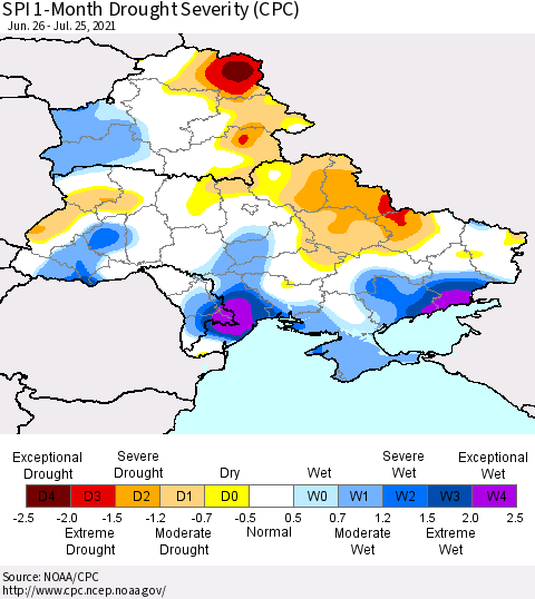 Ukraine, Moldova and Belarus SPI 1-Month Drought Severity (CPC) Thematic Map For 6/26/2021 - 7/25/2021