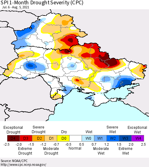 Ukraine, Moldova and Belarus SPI 1-Month Drought Severity (CPC) Thematic Map For 7/6/2021 - 8/5/2021