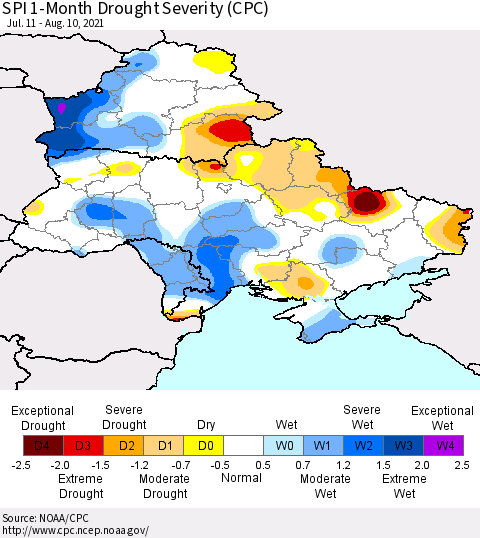 Ukraine, Moldova and Belarus SPI 1-Month Drought Severity (CPC) Thematic Map For 7/11/2021 - 8/10/2021