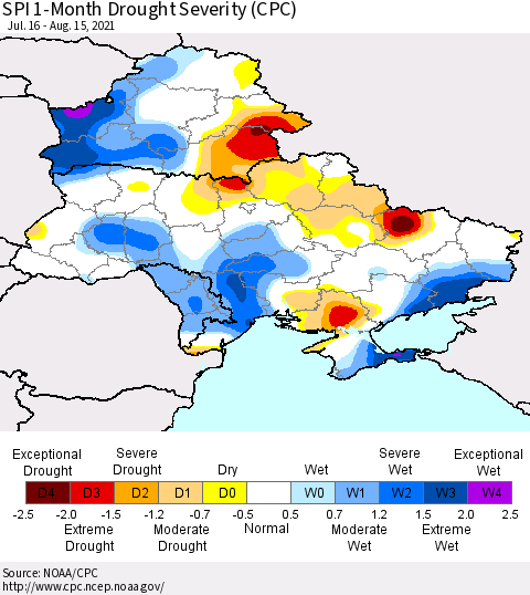 Ukraine, Moldova and Belarus SPI 1-Month Drought Severity (CPC) Thematic Map For 7/16/2021 - 8/15/2021