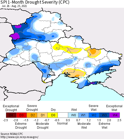 Ukraine, Moldova and Belarus SPI 1-Month Drought Severity (CPC) Thematic Map For 7/26/2021 - 8/25/2021