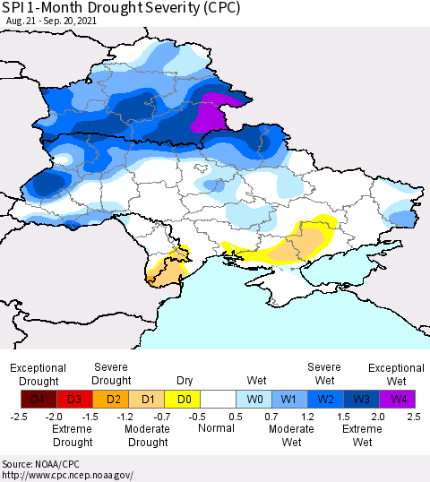 Ukraine, Moldova and Belarus SPI 1-Month Drought Severity (CPC) Thematic Map For 8/21/2021 - 9/20/2021