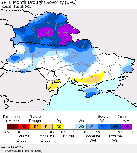 Ukraine, Moldova and Belarus SPI 1-Month Drought Severity (CPC) Thematic Map For 8/26/2021 - 9/25/2021