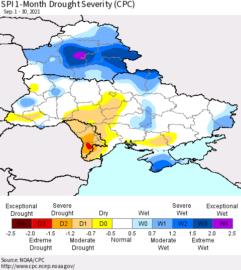 Ukraine, Moldova and Belarus SPI 1-Month Drought Severity (CPC) Thematic Map For 9/1/2021 - 9/30/2021