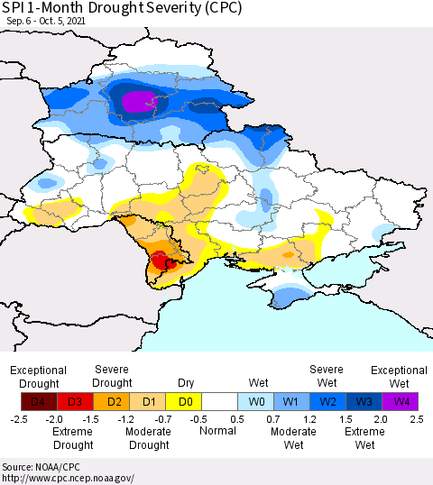 Ukraine, Moldova and Belarus SPI 1-Month Drought Severity (CPC) Thematic Map For 9/6/2021 - 10/5/2021