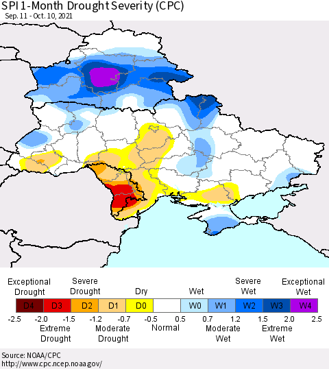 Ukraine, Moldova and Belarus SPI 1-Month Drought Severity (CPC) Thematic Map For 9/11/2021 - 10/10/2021