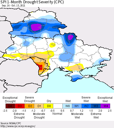 Ukraine, Moldova and Belarus SPI 1-Month Drought Severity (CPC) Thematic Map For 9/16/2021 - 10/15/2021