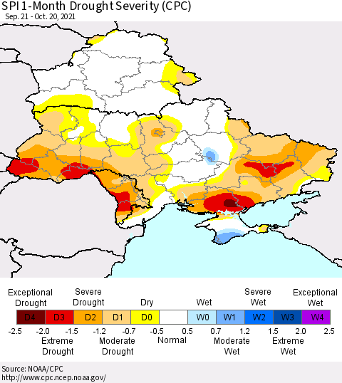 Ukraine, Moldova and Belarus SPI 1-Month Drought Severity (CPC) Thematic Map For 9/21/2021 - 10/20/2021