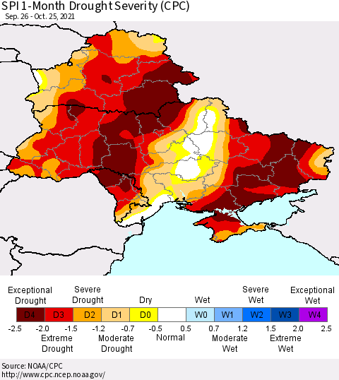 Ukraine, Moldova and Belarus SPI 1-Month Drought Severity (CPC) Thematic Map For 9/26/2021 - 10/25/2021
