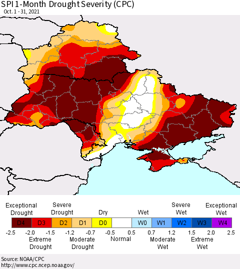 Ukraine, Moldova and Belarus SPI 1-Month Drought Severity (CPC) Thematic Map For 10/1/2021 - 10/31/2021