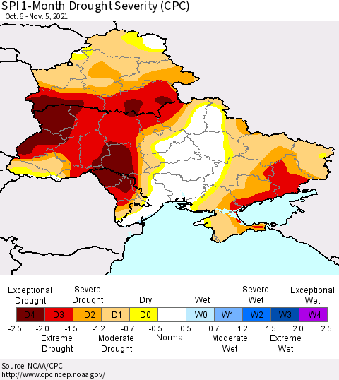 Ukraine, Moldova and Belarus SPI 1-Month Drought Severity (CPC) Thematic Map For 10/6/2021 - 11/5/2021