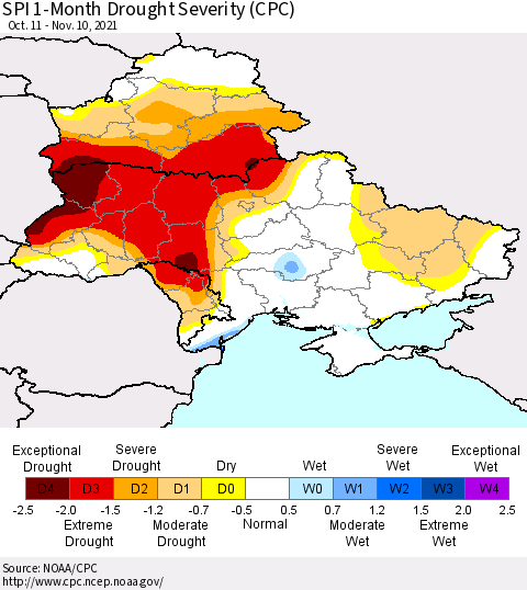 Ukraine, Moldova and Belarus SPI 1-Month Drought Severity (CPC) Thematic Map For 10/11/2021 - 11/10/2021