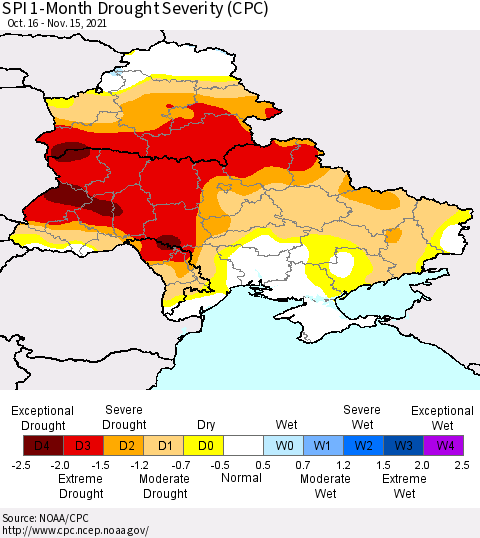 Ukraine, Moldova and Belarus SPI 1-Month Drought Severity (CPC) Thematic Map For 10/16/2021 - 11/15/2021