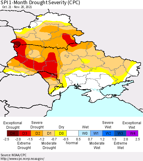 Ukraine, Moldova and Belarus SPI 1-Month Drought Severity (CPC) Thematic Map For 10/21/2021 - 11/20/2021