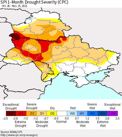 Ukraine, Moldova and Belarus SPI 1-Month Drought Severity (CPC) Thematic Map For 10/26/2021 - 11/25/2021