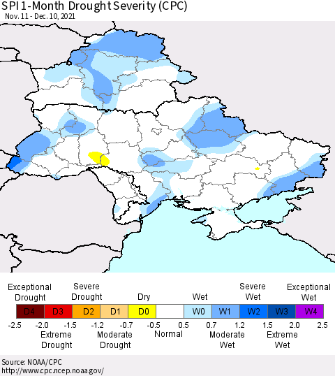 Ukraine, Moldova and Belarus SPI 1-Month Drought Severity (CPC) Thematic Map For 11/11/2021 - 12/10/2021