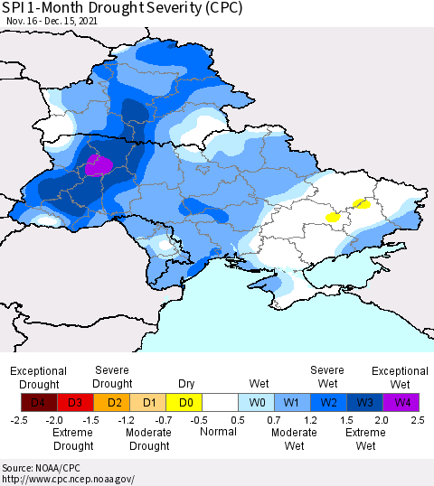 Ukraine, Moldova and Belarus SPI 1-Month Drought Severity (CPC) Thematic Map For 11/16/2021 - 12/15/2021