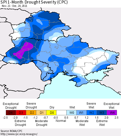 Ukraine, Moldova and Belarus SPI 1-Month Drought Severity (CPC) Thematic Map For 11/21/2021 - 12/20/2021