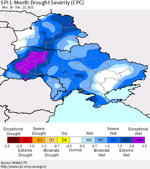 Ukraine, Moldova and Belarus SPI 1-Month Drought Severity (CPC) Thematic Map For 11/26/2021 - 12/25/2021
