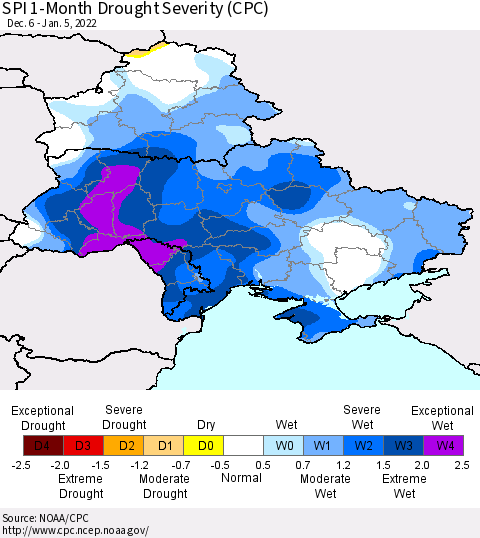 Ukraine, Moldova and Belarus SPI 1-Month Drought Severity (CPC) Thematic Map For 12/6/2021 - 1/5/2022