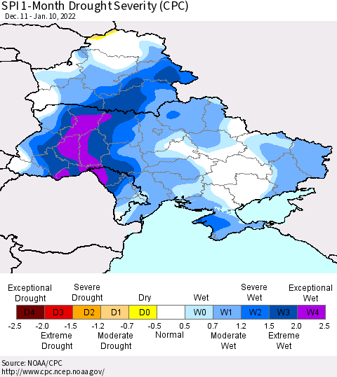 Ukraine, Moldova and Belarus SPI 1-Month Drought Severity (CPC) Thematic Map For 12/11/2021 - 1/10/2022