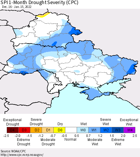 Ukraine, Moldova and Belarus SPI 1-Month Drought Severity (CPC) Thematic Map For 12/16/2021 - 1/15/2022