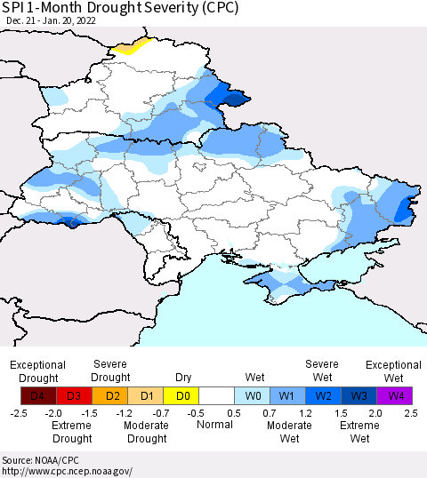 Ukraine, Moldova and Belarus SPI 1-Month Drought Severity (CPC) Thematic Map For 12/21/2021 - 1/20/2022